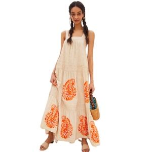 Anthropologie Felicity Maxi Dress Womens Medium Khaki Orange Embroidered Tiered